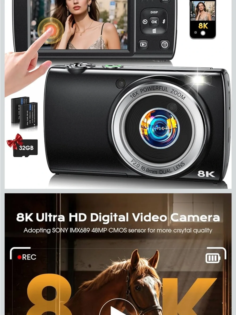 8K Ultra HD Black Digital Video Camera with 16x Zoom